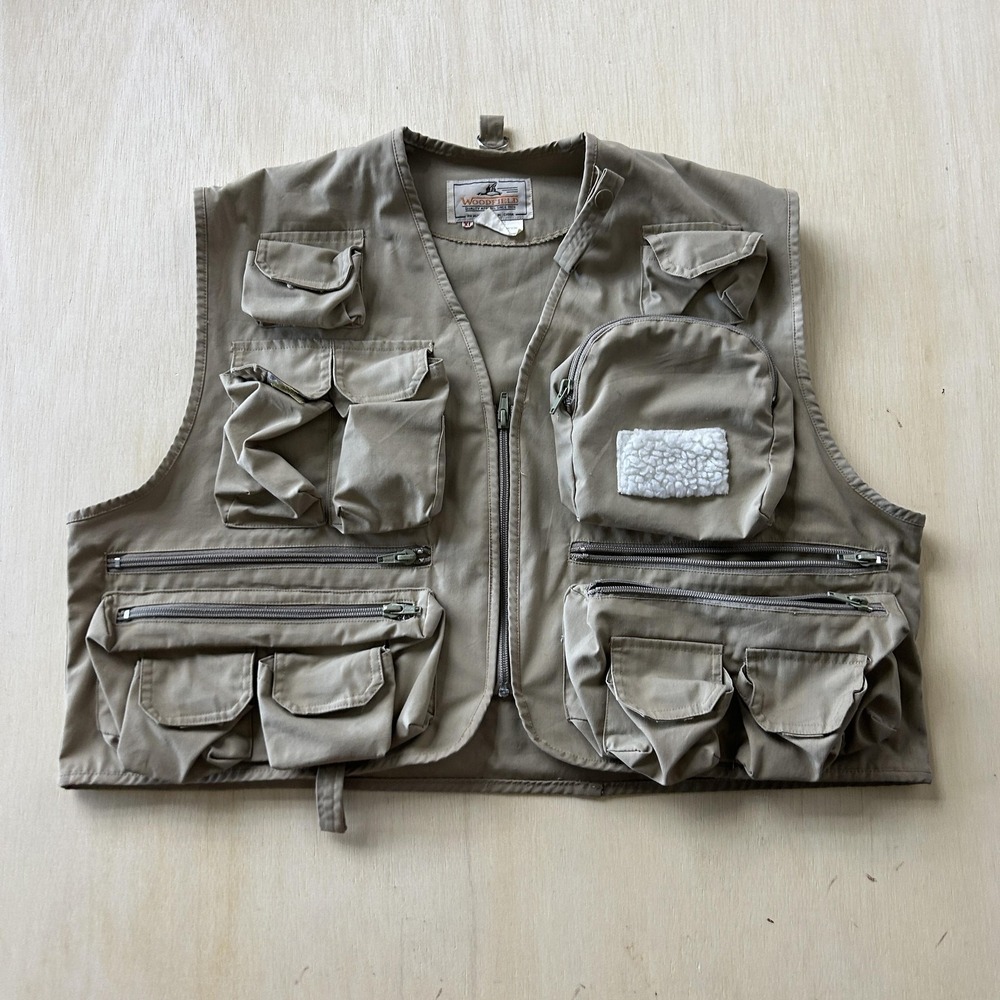 Vintage Woodfield Vest Mens XL Beige Canvas‎ Full Zip Utility Outdoor Fishing